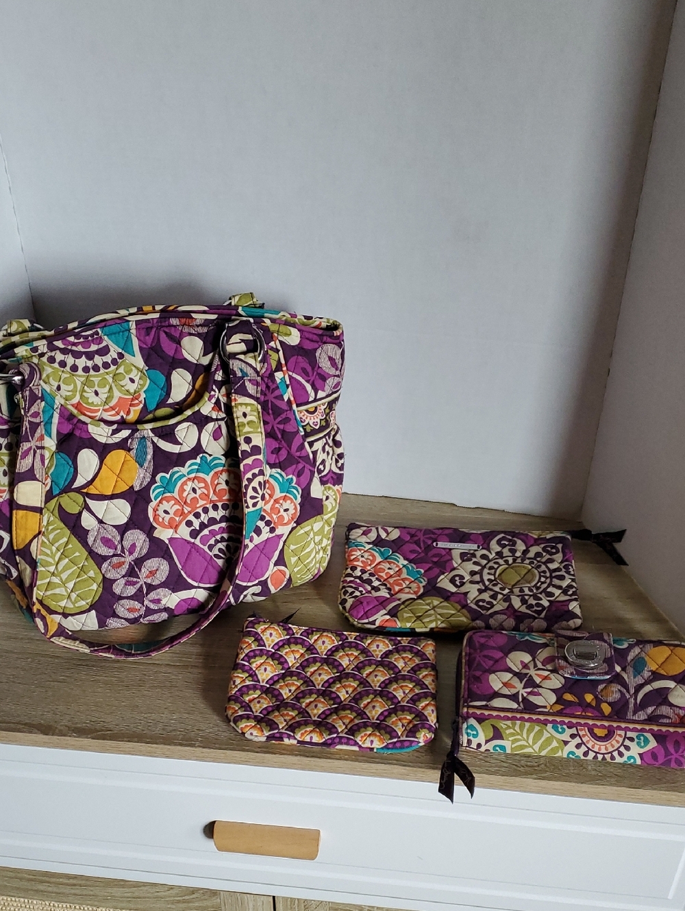 Vera Bradley Plum Crazy Floral Quilted Tote with Coordinating Pouches